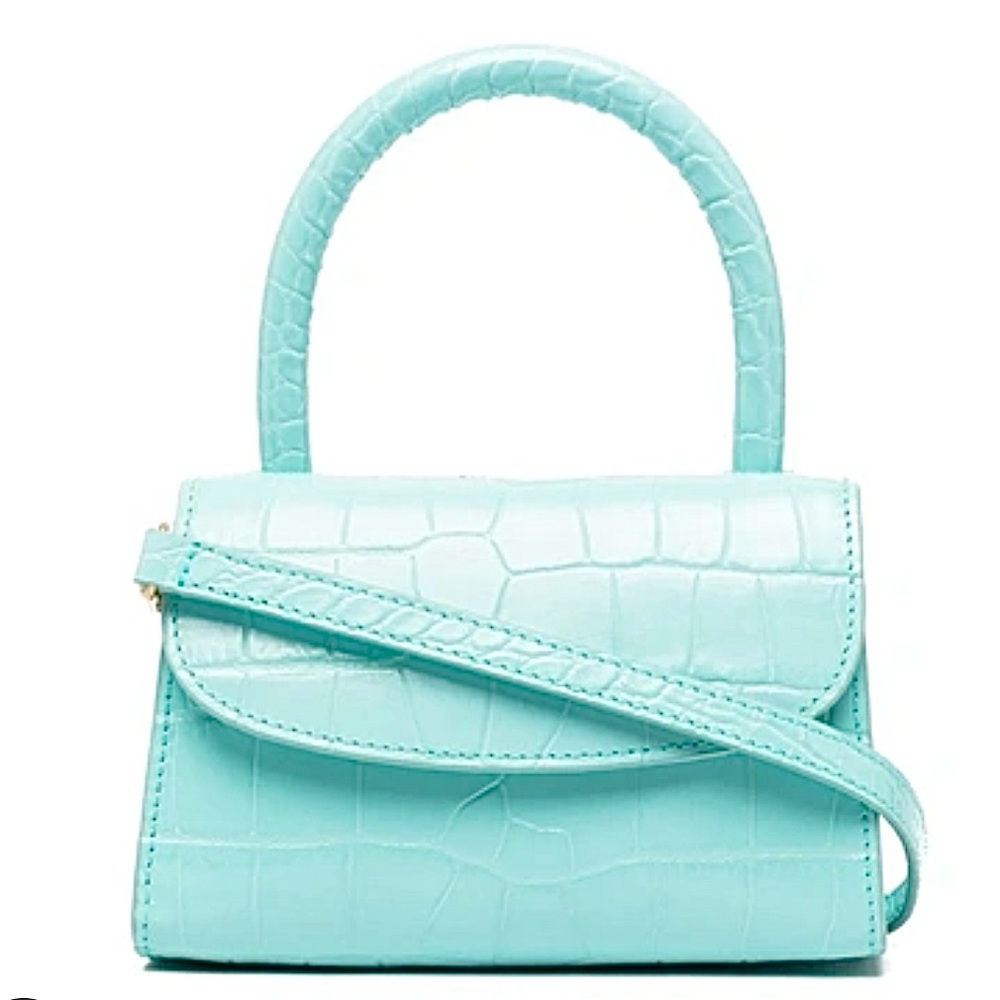 By Far Mini Croco Embossed Top Handle Bag Purse Light Blue Crossbody Leather